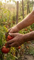 Senior farmer hands carefully harvesting ripe red tomatoes from vine in organic garden during golden hour sunlight for fresh produce and sustainable agriculture.