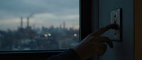 Hand turning off light switch with blurred city skyline at dusk. Energy conservation concept for environmental awareness campaigns and sustainability projects.