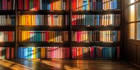 Wooden bookshelf filled with colorful books in rainbow arrangement, sunlight streaming through window creating warm atmosphere in library.
