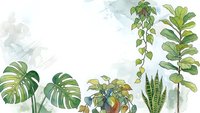 Watercolor houseplants frame with monstera, snake plant and fiddle leaf fig creating botanical border on white background for home decor and gardening designs.