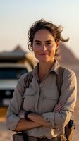 Young female archaeologist with curly hair smiling at sunset, wearing khaki field shirt and smartwatch, pyramids silhouette in background, arms crossed, confident pose.