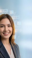 Young professional woman smiling with digital technology icons representing data analysis, project management and coding skills for modern workplace.
