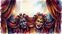 Theatrical masks of tragedy and comedy with dramatic red and gold curtains, ornate stage drapery, and watercolor artistic style for performing arts, theater productions, and entertainment design.