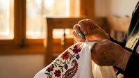 Senior woman hands embroidering colorful floral pattern on white fabric in warm sunlit room. Traditional needlework craft hobby for relaxation and creativity.