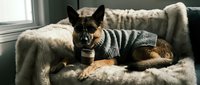 Small mixed breed dog wearing striped sweater relaxing on cozy armchair with soft blanket by window. Comfortable indoor pet lifestyle scene.