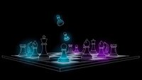 Glowing neon chess pieces on transparent board with cyan and purple lighting effects against black background for gaming and strategy concepts.
