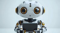 Friendly robot with large expressive eyes and white exterior holding tablet device against clean background. Perfect for technology and AI concepts.