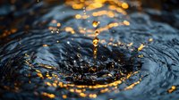 Water drop splash creating concentric ripples on dark surface with golden bokeh lights reflecting, capturing moment of impact in macro photography. Suitable for wellness concepts.