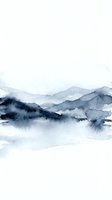 Abstract watercolor mountain landscape with misty blue peaks and fog layers on white background for modern interior design.
