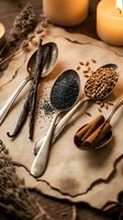 Vintage wooden spoons filled with aromatic spices including vanilla beans, poppy seeds, coriander and cinnamon sticks on rustic parchment with candles.