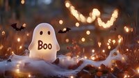 Glowing ghost decoration with "Boo" text among autumn leaves and flying bats, illuminated by warm string lights creating magical Halloween atmosphere.