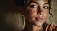 Young Hispanic woman with natural makeup and freckles looking directly at camera with confident expression in warm golden lighting for lifestyle photography.