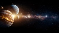 Majestic planets and celestial bodies aligned in deep space with glowing nebula and stars against dark cosmic background, creating dramatic astronomical scenery.