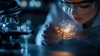 Asian female scientist in protective glasses examining glowing particle sphere in dark laboratory with microscope, demonstrating advanced research in biotechnology.