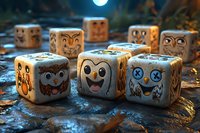 Playful dice with hand-drawn emoji faces arranged on dark textured surface under moonlight, creating whimsical gaming atmosphere with cute expressions and shadows.