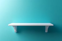 White wall shelf mounted on turquoise background, minimalist empty display shelf for product presentation and interior decoration mockup.