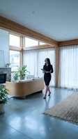 Professional woman in dark business attire walking through modern office lobby with wooden curved reception desk, floor-to-ceiling windows, and contemporary interior design for corporate workspace concepts.