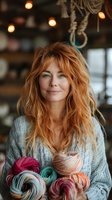 Young redhead woman with wavy hair smiling while holding colorful yarn balls in cozy knit sweater. Warm bokeh lights create atmospheric cafe interior background.