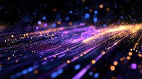 Abstract digital light trails with glowing purple, orange and blue bokeh particles streaming across dark background creating dynamic motion effect.