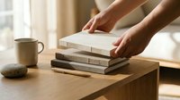 Hands arranging stack of books on wooden desk with coffee mug in cozy home office setting for reading and study organization.