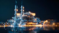 Digital wireframe visualization of modern industrial facility with glowing lights and reflections against dark background, architectural engineering concept.