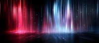 Vibrant red and blue light streams create dramatic aurora-like effect against dark background with reflective surface, cosmic atmosphere for modern design projects.