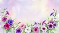 Watercolor petunia flowers border in purple, pink and white on soft pastel background with copy space for greeting cards and invitations.