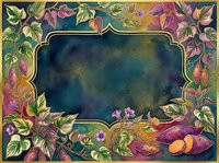 Ornate vintage frame with colorful botanical border featuring autumn leaves, flowers, and fruits surrounding a dark textured center space. Perfect for invitations, greeting cards, and decorative design projects.