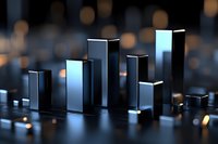 Dark metallic bar graph with glowing edges shows financial or business data visualization against blurred bokeh background, modern statistics concept.