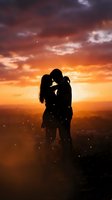 Silhouetted couple kissing against dramatic golden sunset sky with glowing clouds and sparkling light particles, romantic moment for wedding and love themed designs.
