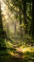 Sunlight streaming through dense forest canopy creates magical atmosphere on woodland trail with golden rays illuminating green foliage and natural path.