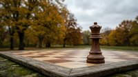 Wooden chess king piece stands alone on outdoor chessboard in autumn park with golden trees and cloudy sky background for strategic thinking concepts.