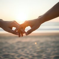 Two hands reaching toward each other against golden sunset over ocean waves creating romantic connection moment for love and relationship concepts.
