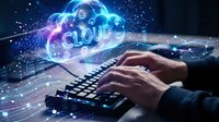 Caucasian male hands typing on keyboard with glowing cloud computing hologram and digital network connections in dark tech environment.