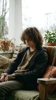 Young man with curly hair relaxing on cozy porch swing surrounded by plants and warm natural lighting for lifestyle and wellness content.