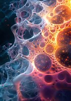 Abstract cellular structure with glowing orange and blue bubbles creating a cosmic-like microscopic view for science or medical backgrounds.