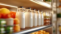 Fresh glass milk bottles lined up on refrigerator shelf with citrus fruits and produce in background, showing healthy dairy products in modern grocery store.