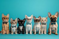 Adorable kittens and french bulldog puppy wearing glasses and bow ties sitting in row against turquoise background, funny pet portrait composition.
