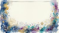 Watercolor frame with fireworks, stars, and botanical elements in gold, blue, and purple tones on white background, suitable for invitations, greeting cards, and festive designs.
