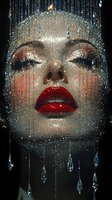 Close up portrait with glitter makeup, red lips, and crystal decorations against dark background, artistic beauty photography for cosmetic advertising and fashion editorials.