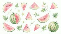 Watercolor watermelon slices and whole fruits with green leaves pattern on white background. Summer fruit illustration for textile design.