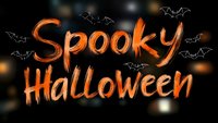 Orange glowing spooky Halloween text on dark background with flying bats silhouettes and blurred bokeh lights creates haunting seasonal atmosphere.
