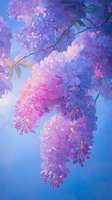 Blooming wisteria flowers in pink and purple hues against blue sky background, creating dreamy spring atmosphere with delicate hanging clusters.