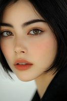 Close-up portrait of young Asian woman with brown eyes, black bob haircut, and coral lipstick against light background. Natural makeup and flawless complexion.