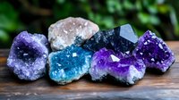 Collection of colorful crystal geodes and mineral specimens including amethyst, quartz, and gemstones arranged on wooden surface for healing and decoration.