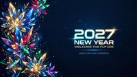 Colorful crystalline fireworks burst across dark blue background with glowing 2027 New Year text and welcome the future message for digital celebration.