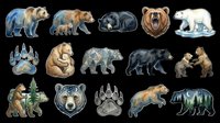 Bear clipart set with grizzly, polar, black bears and paw prints, isolated on transparent background. Great for stickers, t-shirt design, print on demand.