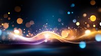 Magical glowing wave with colorful bokeh lights and sparkles on dark background, abstract flowing energy line with golden and blue particles.
