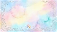 Pastel watercolor background with ornate decorative border frame in soft rainbow colors for wedding invitations, greeting cards and romantic designs.