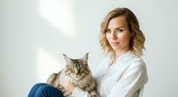 Woman with blonde wavy hair holding tabby cat, wearing white shirt and blue jeans. Studio portrait with white background for pet care, veterinary, and animal adoption marketing.